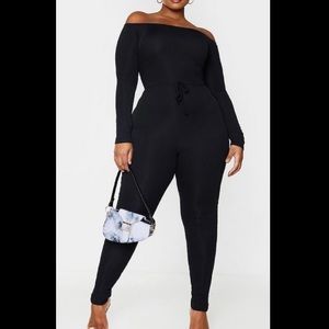 Plus Rib Bardot Tie Waist Jumpsuit